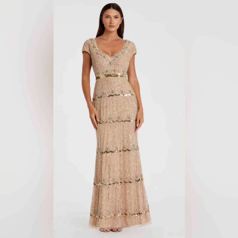 Mac Duggal Beige Cap Sleeve Sweetheart Neckline Beaded Sequin Column Gown
